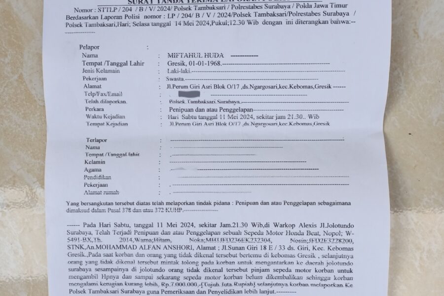 Foto : Surat Hasil Laporan Di Polsek Tambaksari Surabaya